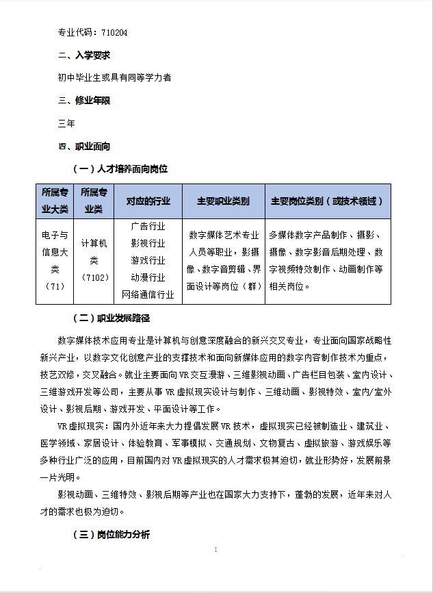 数字媒体技术应用专业人才培养方案 -新版